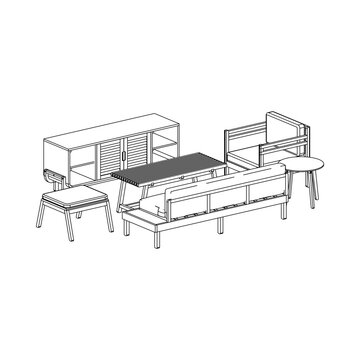 Perspective outline drawing of a living room set with TV cabinet, side table, 3 seater sofa, single seater sofa, coffee table, and stool highlighting depth and composition.