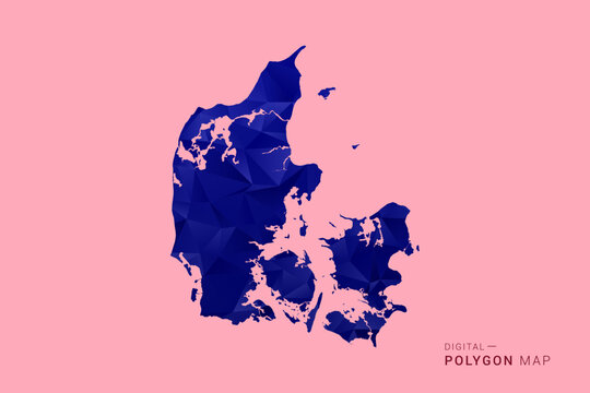 Denmark Map - Low poly polygon map in deep blue gradient on soft pink pastel background, modern minimal geometric design, clean digital vector illustration.