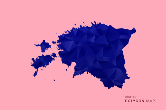 Estonia Map - Low poly polygon map in deep blue gradient on soft pink pastel background, modern minimal geometric design, clean digital vector illustration.