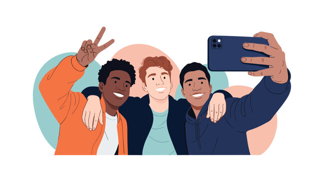 Three diverse young men taking a happy selfie together, smiling and showing a peace sign, symbolizing friendship and fun.