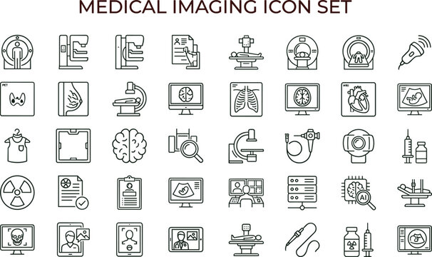 Medical imaging outline icon set with radiology diagnostic scan equipment symbols for healthcare apps dashboards interfaces presentations education materials