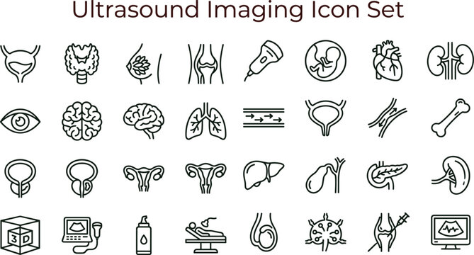 Ultrasound imaging outline icon set with medical anatomy scan diagnostic symbols for healthcare apps dashboards interfaces presentations education materials
