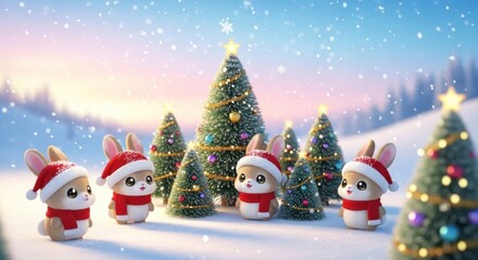 Obraz premium Three cute bunnies in a snowy landscape with Christmas trees and decorations.