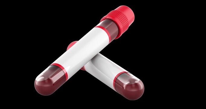Blood sample test tubes, rotation animation seamlessly loopable. 3D rendering isolated on transparent background