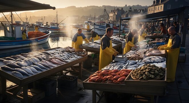 Fishermen selling fresh seafood on a bustling harbor market at sunrise