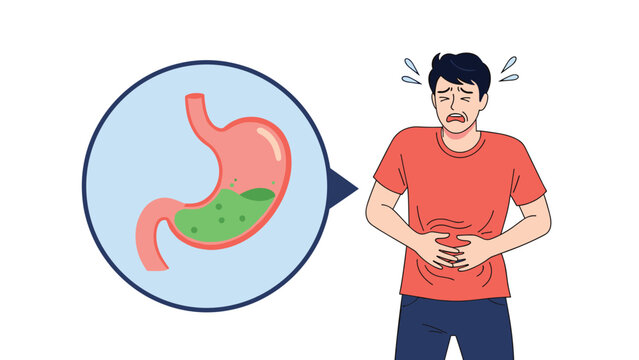 Man clutching his stomach in pain with an insert showing a stomach with green liquid, depicting indigestion, heartburn, or gastric issues.