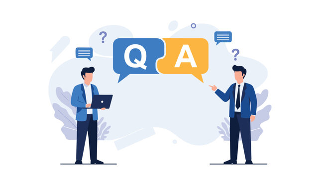 Two businessmen discussing with Q&A speech bubbles, symbolizing question and answer sessions, consulting, or problem-solving.