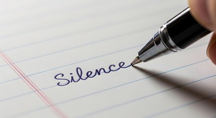 Fototapeta premium A hand writes Silence on lined paper with a pen closeup