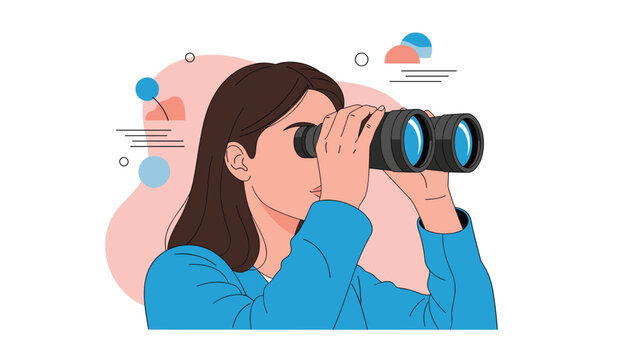 Woman looking through binoculars, with abstract shapes in the background, symbolizing exploration, future vision, or searching for opportunities.