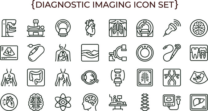 Diagnostic imaging outline icon set with medical scan radiology equipment symbols for healthcare apps dashboards interfaces presentations education materials