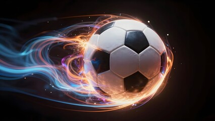 Naklejka premium Futuristic Glowing Soccer Ball with Energy Trails – Abstract Speed Motion on Dark Background.