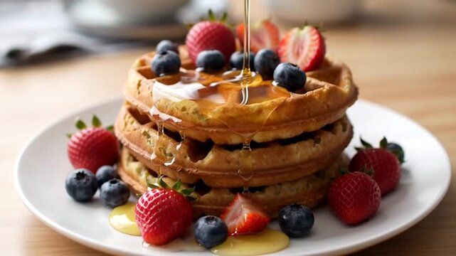 Delicious stack of golden waffles topped with syrup, fresh strawberries, and blueberries on a wooden table
