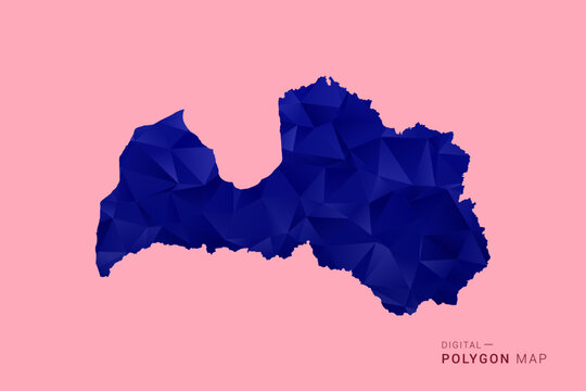 Latvia Map - Low poly polygon map in deep blue gradient on soft pink pastel background, modern minimal geometric design, clean digital vector illustration.