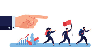 Fototapeta premium Large hand pointing forward, leading a group of determined businesspeople carrying flags and backpacks, symbolizing leadership and guidance.