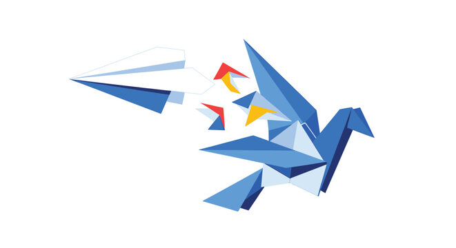 A blue origami bird flying with colorful paper fragments trailing behind it