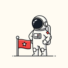 Fototapeta premium A cartoon astronaut stands beside a flag with a star, arms akimbo. The spacesuit is white with a small emblem
