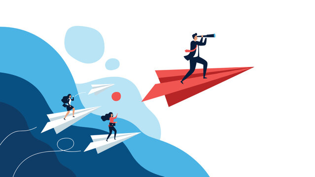 Businesspeople riding paper airplanes, with one leading the way, symbolizing leadership, innovation, ambitious strategy, and entrepreneurial spirit.