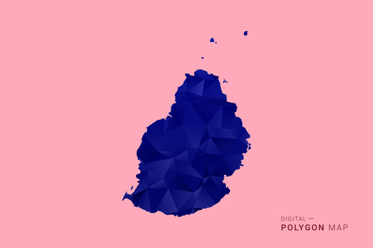Mauritius Map - Low poly polygon map in deep blue gradient on soft pink pastel background, modern minimal geometric design, clean digital vector illustration.