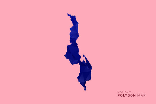 Malawi Map - Low poly polygon map in deep blue gradient on soft pink pastel background, modern minimal geometric design, clean digital vector illustration.