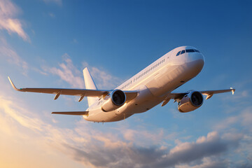 Obraz premium A white airplane flying through the atmosphere represents travel, the aviation industry, and global tourism while flying high in a clear blue sky on a sunny day.