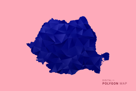 Romania Map - Low poly polygon map in deep blue gradient on soft pink pastel background, modern minimal geometric design, clean digital vector illustration.