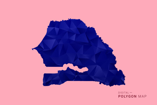 Senegal Map - Low poly polygon map in deep blue gradient on soft pink pastel background, modern minimal geometric design, clean digital vector illustration.