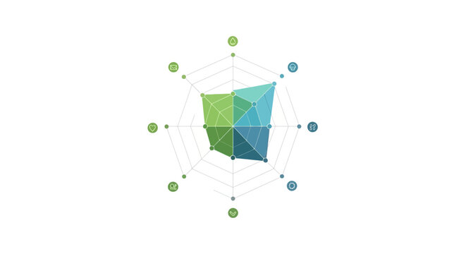 Modern Radar Chart Data Visualization: Business Performance Analysis & Evaluation Diagram with Green and Blue Metrics
