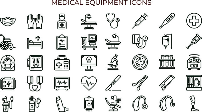 Medical equipment outline icon set with hospital diagnostic monitoring devices symbols for healthcare apps dashboards interfaces presentations education materials