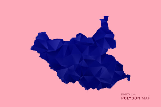 South Sudan Map - Low poly polygon map in deep blue gradient on soft pink pastel background, modern minimal geometric design, clean digital vector illustration.