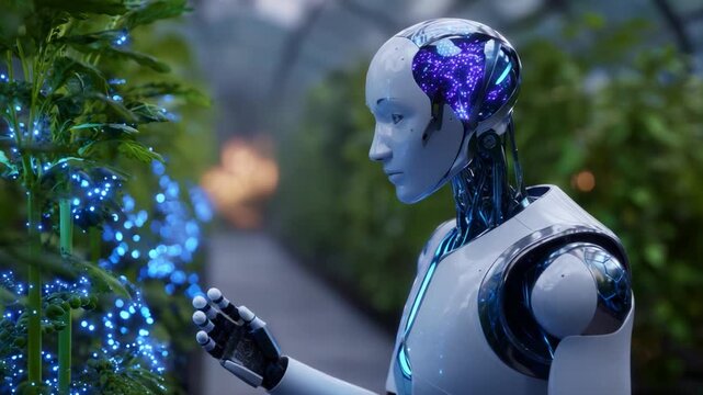 A futuristic robot observes glowing plants in a greenhouse, showcasing advanced technology integrated into a vibrant ecosystem of artificial intelligence and nature.