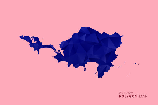Sint Maarten Map - Low poly polygon map in deep blue gradient on soft pink pastel background, modern minimal geometric design, clean digital vector illustration.