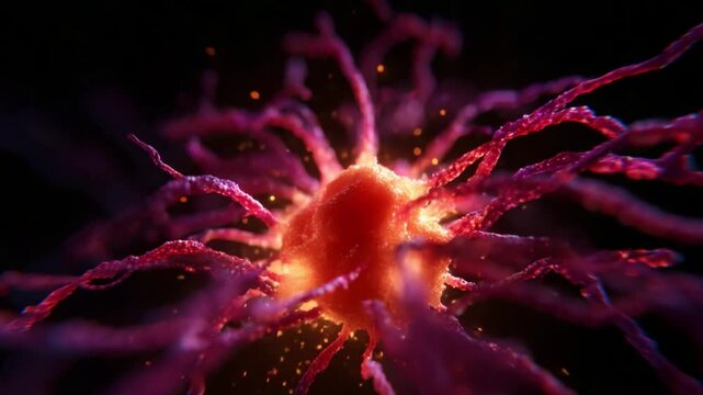 Stunning Close-up of a Vibrant Cellular Structure with Radiating Filaments Surrounded by a Glowing Aura Representing Life at the Micro Level