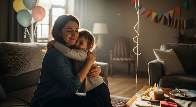Woman hugs young boy sitting on couch in living room with balloons and party decorations.