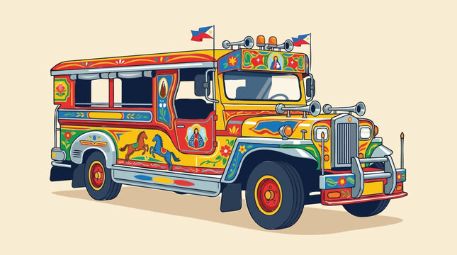 Detailed illustration of a colorful Philippine Jeepney, a traditional and iconic public transportation vehicle, representing Filipino culture and artistry