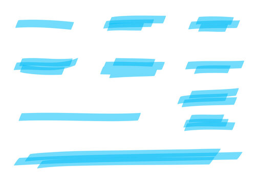Vector set of hand drawn blue permanent marker strokes, thick hatches and textured highlights isolated on white. Expressive ink lines for emphasis, notes and planner design.