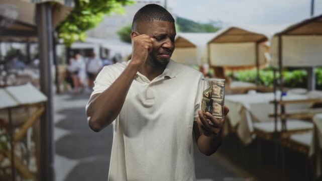 Man pinches nose while holding a glass tip jar filled with bundled dollars at a busy street cafe, showing a wince and closed eyes; disgust concern.