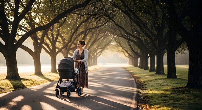 Woman pushing stroller down tree lined path at sunrise with baby