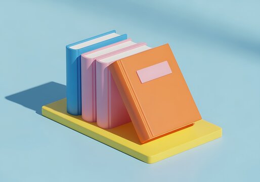 Colorful books on a bookstand on a blue surface