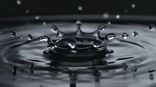 Capturing the ephemeral beauty of a liquid splash formation as tiny droplets ascend and a distinct crown crests the tranquil, glistening water surface in this dynamic composition