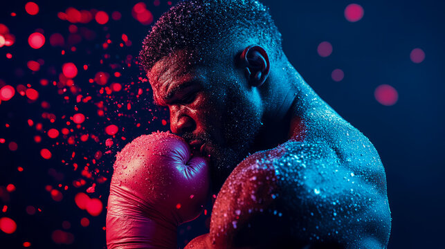 Grit and Glory: powerful boxer's determined gaze, sweat-soaked skin and glove under vibrant red and blue neon light, reflecting intense spirit of combat and relentless training.