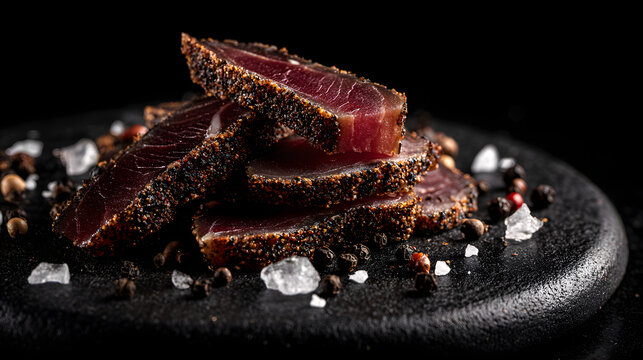 Sliced biltong meat on a black plate with spices