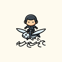 Fototapeta premium A cartoon-style illustration of a small person on a fish, flying over waves. The background is a soft beige color