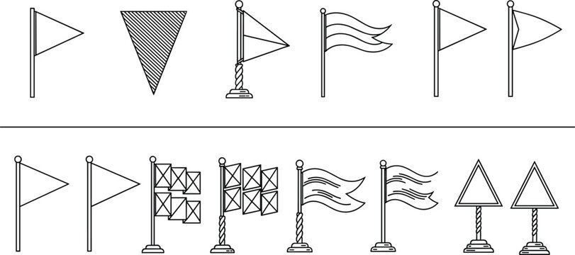 Collection of black and white flag icons featuring various triangular pennants waving banners signal flags and nautical markers on poles for design projects