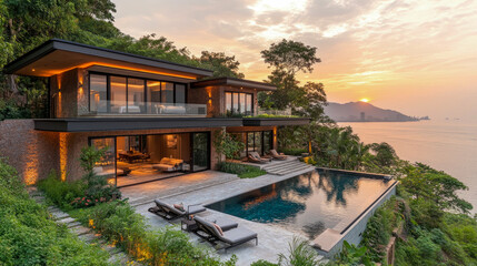 Fototapeta premium Stunning contemporary oceanfront villa showcasing sleek architecture, magnificent infinity pool, and lush tropical gardens, all illuminated by vibrant sunset over sea.