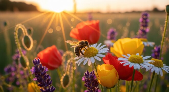 A bee foraging on a field of flowers at sunset.