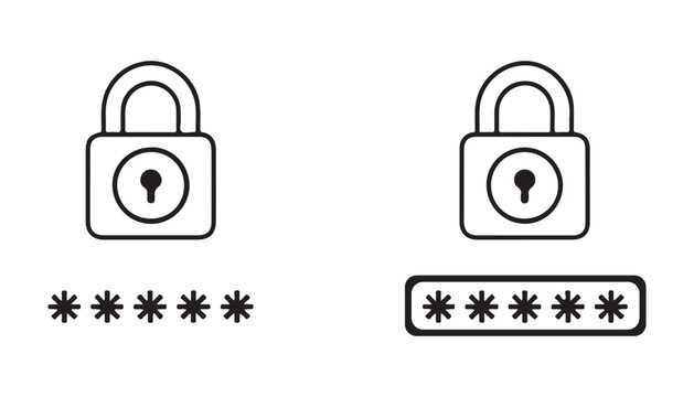 Two security lock icons with password fields showing asterisk symbols, in outline and filled styles.