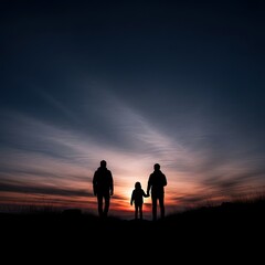 Fototapeta premium Silhouettes of a family walking together at sunset, enjoying a serene moment against a vibrant sky