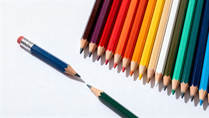 Fototapeta premium Colored pencils in creative layout with playful mood representing Back to School season on a white background [with copy space]