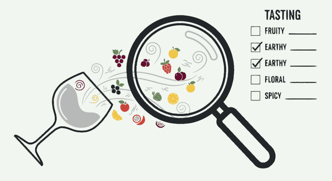 Wine tasting notes analysis with magnifying glass and aroma icons.