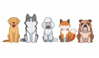 Cute sitting dog breeds flat cartoon vector set Labrador husky poodle shiba inu bulldog isolated on white © Morsed